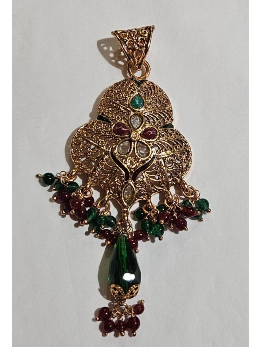 Goldtone Filigree Pendant Red Green Bead Fringe Plastic Rhinestones 3.5 inches